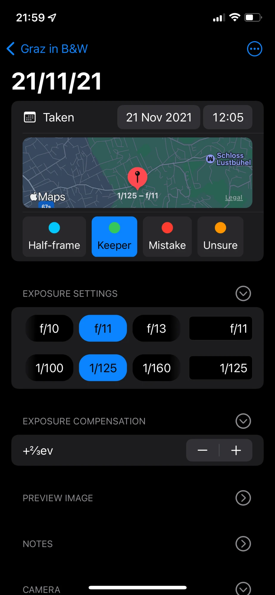 Frame detail with map, tags and exposure settings