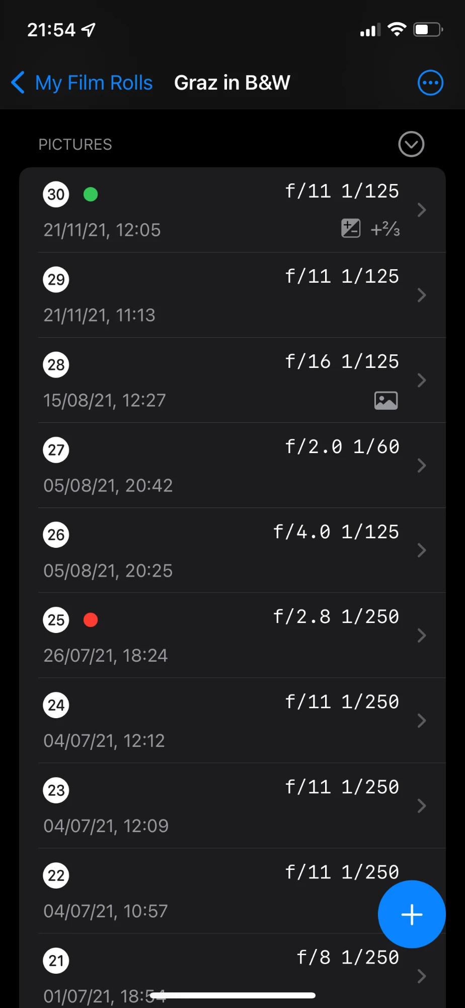 Frame list with exposure data