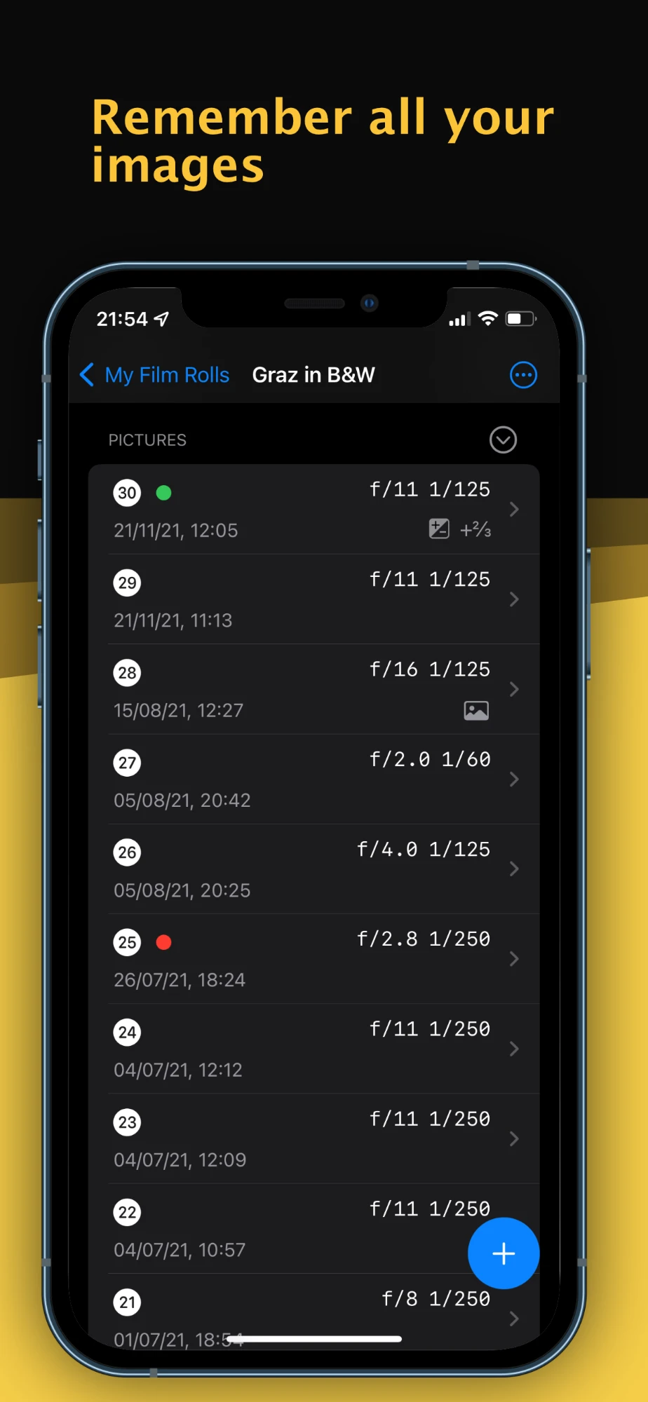 Remember all your images — the frame list with exposure data